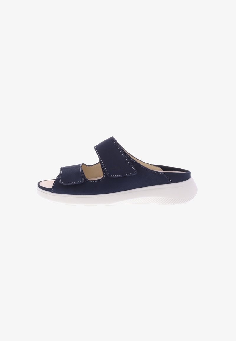 Navy blue open-toe slide sandal with two adjustable velcro straps and a white cushioned sole.