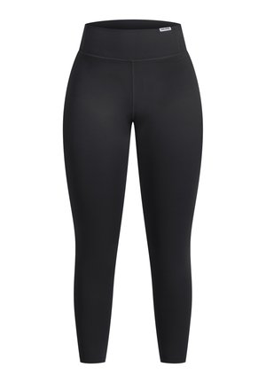 Leggings negros con una tela suave y elástica y una cinturilla ancha. No presenta patrones ni acentos visibles. Longitud estándar.