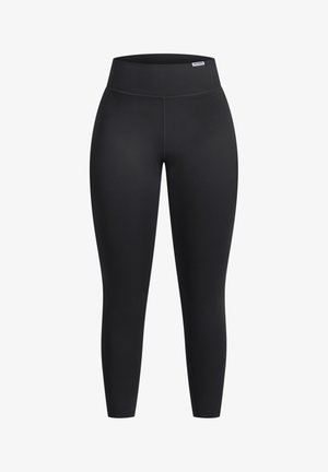 Leggings negros con una tela suave y elástica y una cinturilla ancha. No presenta patrones ni acentos visibles. Longitud estándar.