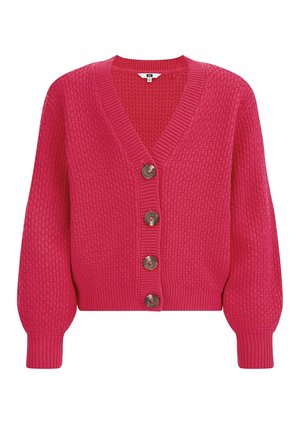 Růžový pletený kardigan s véčkovým výstřihem, pěti velkými knoflíky a žebrovanými manžetami. Strukturovaná tkanina a zkrácený střih.