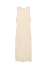 Sleek midi dress in light beige. Features a round scoop neckline, sleeveless design, and form-fitting silhouette made from smooth fabric.