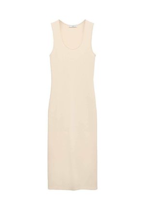 Abito midi elegante in beige chiaro. Presenta un collo rotondo a scollo, un design senza maniche e una silhouette aderente realizzata in tessuto liscio.