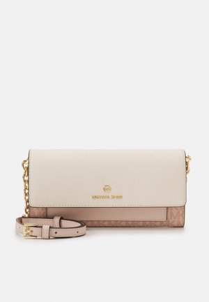 Clutch purse in cream and beige, featuring a textured finish, gold hardware, and an adjustable strap. Logos embossed on the side.