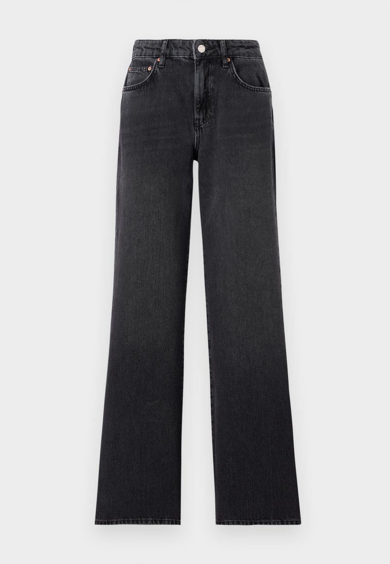 Svarta vida jeans i denim, med hög midja, bältesöglor och klassisk femficksdesign med kopparaccenter.