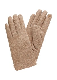 Bruine gebreide handschoenen van een gestructureerde stof, met rechte vingers en een gladde, ronde manchette. De duim heeft een aparte accentdetail.