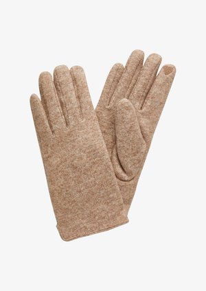 Braune gestrickte Handschuhe aus strukturiertem Stoff mit geraden Fingern und einem glatten, abgerundeten Bündchen. Der Daumen hat ein separates Akzentdetail.