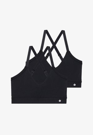 Kaks musta kolmnurkset rinnahoidjat, reguleeritavate ristiproovidega, pehmest kangast, logoga detaljiga ja elastse paelaga.