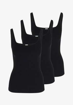 Schwarze Tanktops im Drei-Pack. Mit quadratischem Ausschnitt und breiten Trägern. Hergestellt aus einem glatten, dehnbaren Stoff.