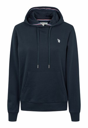 Marineblå hettegenser laget av en blanding av bomull. Har en frontlomme, justerbar hette med snor og brodert logo på brystet.