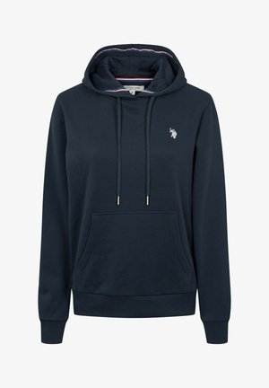 Navy blue hoodie made of cotton blend fabric. Features a front pouch pocket, adjustable drawstring hood, and embroidered logo on the chest.