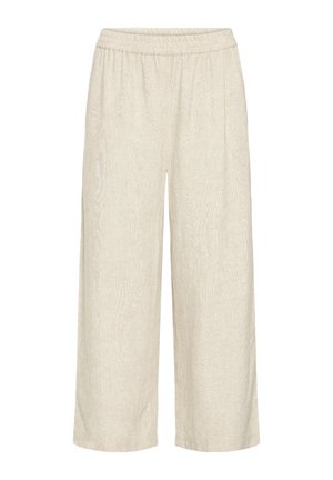 Beiget leveälahkeiset housut, joissa on joustava vyötärö, tehty teksturoidusta kankaasta, sopivat rentoon tai vapaaseen käyttöön.