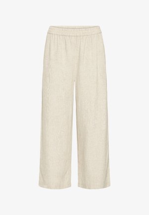 Beige wide-leg pants with elastic waistband, made from textured fabric, suitable for casual or relaxed wear.