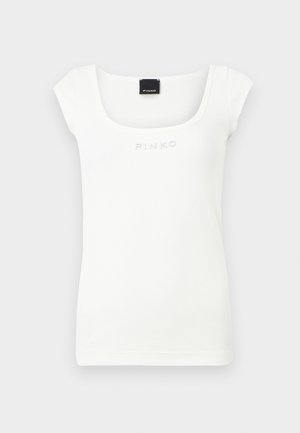 Hvit ribbestrikket ermeløs topp med bred firkantet halsutringning og "PINKO"-logo brodert på brystet.