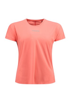 Koral t-shirt med korte ærmer lavet af glat stof med rund halsudskæring. Har et lille blåt "ROSSIGNOL" logo på brystet.