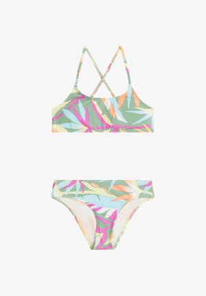 Dwuczęściowy kostium kąpielowy w pastelowych kolorach z motywem liści. Góra ma paski skrzyżowane na plecach, a dół klasyczny krój.