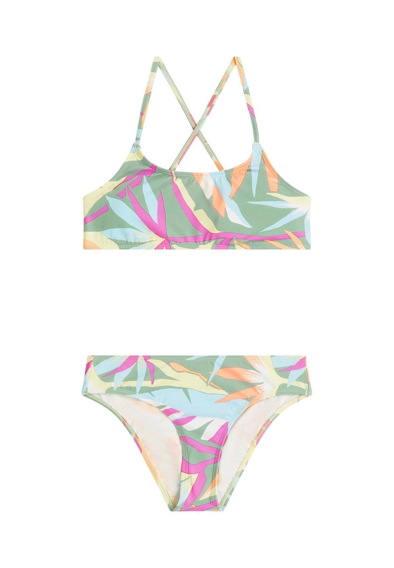 Two-piece bikini set in pastel colors with a leaf pattern. The top has crisscross straps, while the bottom features a classic cut.