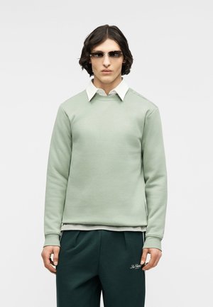 Jonge man met lichtgroene trui, wit overhemd met kraag eronder, donkergroene broek en zonnebril, staand tegen een effen achtergrond.