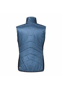 Chaleco azul sin mangas aislante que presenta un alto cuello, un diseño de acolchado en forma de chevron y paneles laterales negros para un contraste adicional.