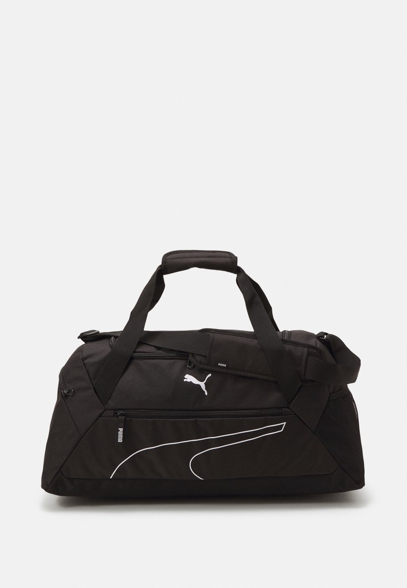 Bolso de deporte negro con dos asas superiores, correa para el hombro ajustable, bolsillos con cremallera, logo y detalles en blanco, y un acabado de tejido texturizado.