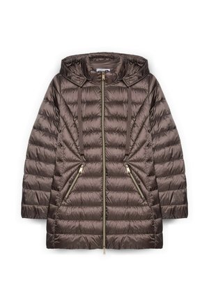 Braune Steppjacke mit Kapuze, mit einem gesteppte Design, doppeltem Reißverschluss vorne und zwei Reißverschlusstaschen an den Seiten mit goldfarbenen Beschlägen.
