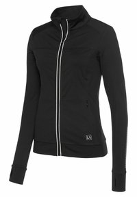 Schwarze Jacke mit hohem Kragen, Reißverschluss vorne und zwei Seitentaschen. Verfügt über weiße Reißverschlussakzente und ein Logo-Patch am Saum.