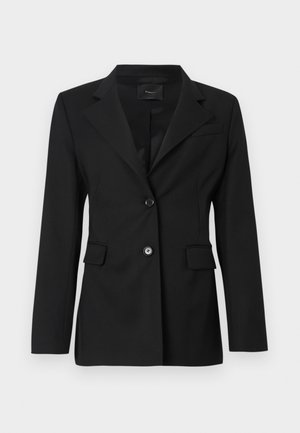 Schwarzer taillierter Blazer mit einem Reverskragen, zwei vorderen Taschen und einem Knopfverschluss. Aus glatt verarbeitetem Stoff mit einer strukturierten Passform.