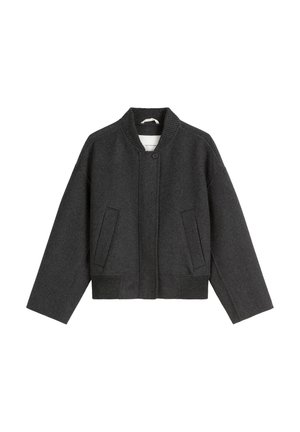 Veste en laine gris foncé avec un col côtelé, design court, poches latérales et fermeture par bouton. Texture lisse et coupe décontractée.