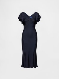 Rochie bleu marin din satin cu mâneci fluture, corset ajustat și margine evazată. Detaliile includ cusături adunate și un finisaj lucios subtil.
