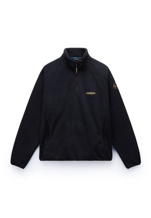 Black fleece pullover with a high collar, quarter zip, side pockets, and logo patch on the chest. Soft texture and casual fit.