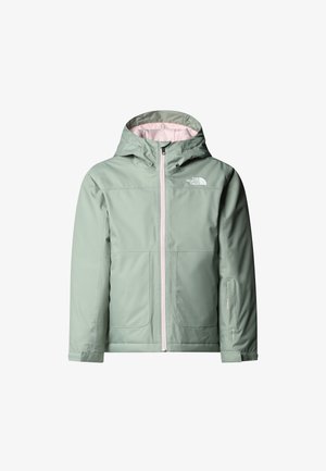 Svetlozelená nepremokavá bunda so zipsom vpredu, nastaviteľnou kapucňou a svetloružovou vnútornou podšívkou; má dve predné vrecká a logo na hrudi.