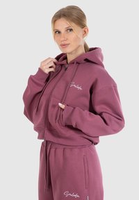 Felpa con cappuccio accorciata in mauve, realizzata in morbido tessuto. Presenta tasche frontali e un logo ricamato sul petto.
