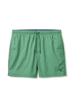 Costume da bagno uomo verde con fascia elastica in vita, coulisse regolabile, tasche laterali e piccolo logo blu navy sulla gamba sinistra.