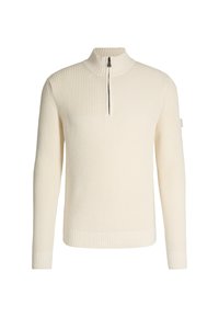 Pullover a maglia color crema con collo a mezza zip. Tessuto strutturato, maniche lunghe e polsini e orlo a coste. Design minimalista.
