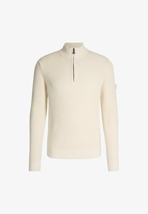 Strickpullover in Cremefarbe mit halbem Reißverschluss am Kragen. Strukturierter Stoff, lange Ärmel sowie gerippte Bündchen an Ärmeln und Saum. Minimalistisches Design.