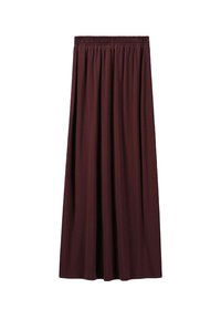 Jupe maxi bordeaux avec une taille élastiquée, en tissu doux, au design fluide et à la texture plissée pour plus de volume.