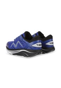 Blue athletic shoes with a smooth synthetic upper, black accents, and white midsole. Features a wave pattern and textured tongue.