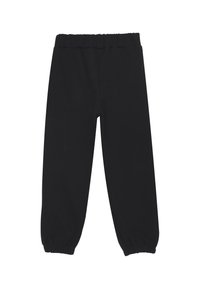 Pantaloni neri con vita elastica e polsini arricciati. Realizzati in un morbido tessuto elasticizzato, presentano un design semplice senza motivi o dettagli visibili.