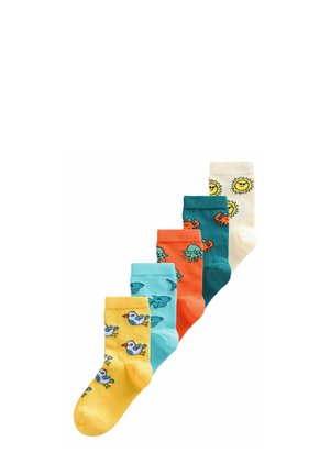 Buntes Set aus Baumwollsocken mit Motiven von Vögeln, Krabben und Sonnen. Die Farben sind Gelb, Türkis, Orange und Creme mit verspielten Mustern.