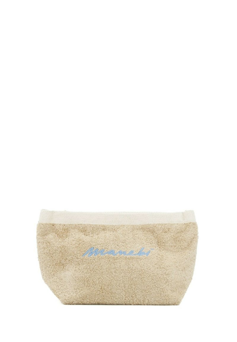 Pochette in terry beige con bordatura crema e testo ricamato blu. Forma rettangolare con una texture morbida, adatta per cosmetici o accessori.