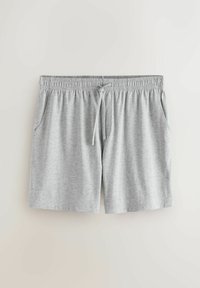 Lysegrå, knælange afslappede shorts med elastisk talje, snøre og sidelommer på en neutral baggrund.