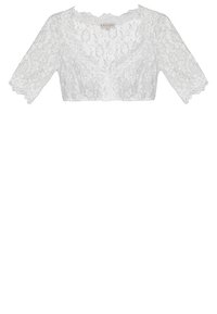 Blouse courte en dentelle blanche avec manches trois-quarts et bords festonnés, présentant des motifs floraux et un col en V.
