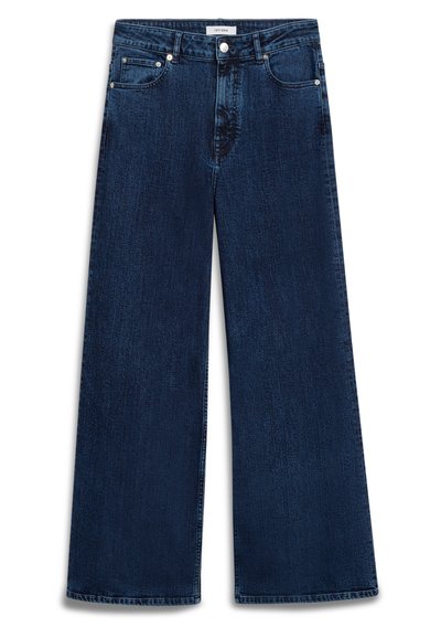 Luxe-wijd denim jeans in donkerblauw met een licht vervaagde afwerking, vijf zakken, knoopsluiting en riemlussen.