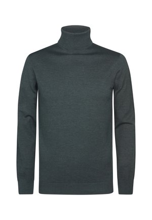 Jersey de cuello alto de color verde oscuro, acanalado, en un material de punto suave. Presenta mangas largas y una silueta ajustada con una textura lisa.