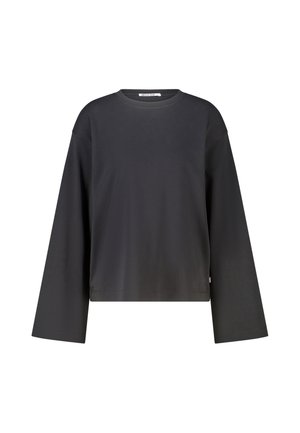 Black long-sleeve crew neck shirt with loose fit and straight hem, displayed on a plain white background.