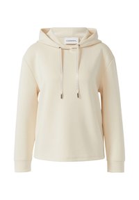 Hoodie color crema realizzato in materiale morbido, dotato di cappuccio con cordino, maniche lunghe e un branding sottile sui cordini.