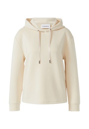 Kremowy hoodie wykonany z miękkiego materiału, z kapturem na sznurki, długimi rękawami i subtelnym logo na sznurkach.