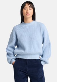 Maglione a coste di un azzurro chiaro con colletto rotondo e vestibilità rilassata. Presenta maniche lunghe e un orlo leggermente accorciato.
