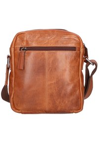 Borsa a tracolla in pelle marrone, di forma quadrata, con chiusura a zip, tracolla in tessuto regolabile e superficie liscia con sottili variazioni.