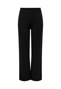 Pantaloni neri a gamba larga realizzati in tessuto elasticizzato. Presentano una vita alta e a costine. Texture liscia, lunghezza alla caviglia senza cuciture visibili o tasche.