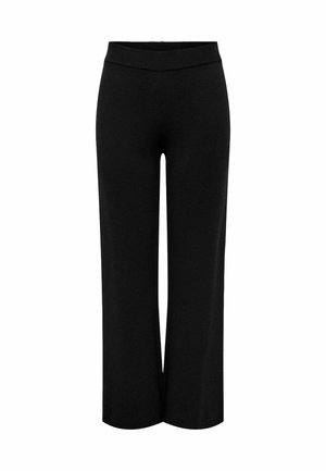 Pantaloni neri a gamba larga realizzati in tessuto elasticizzato. Presentano una vita alta e a costine. Texture liscia, lunghezza alla caviglia senza cuciture visibili o tasche.